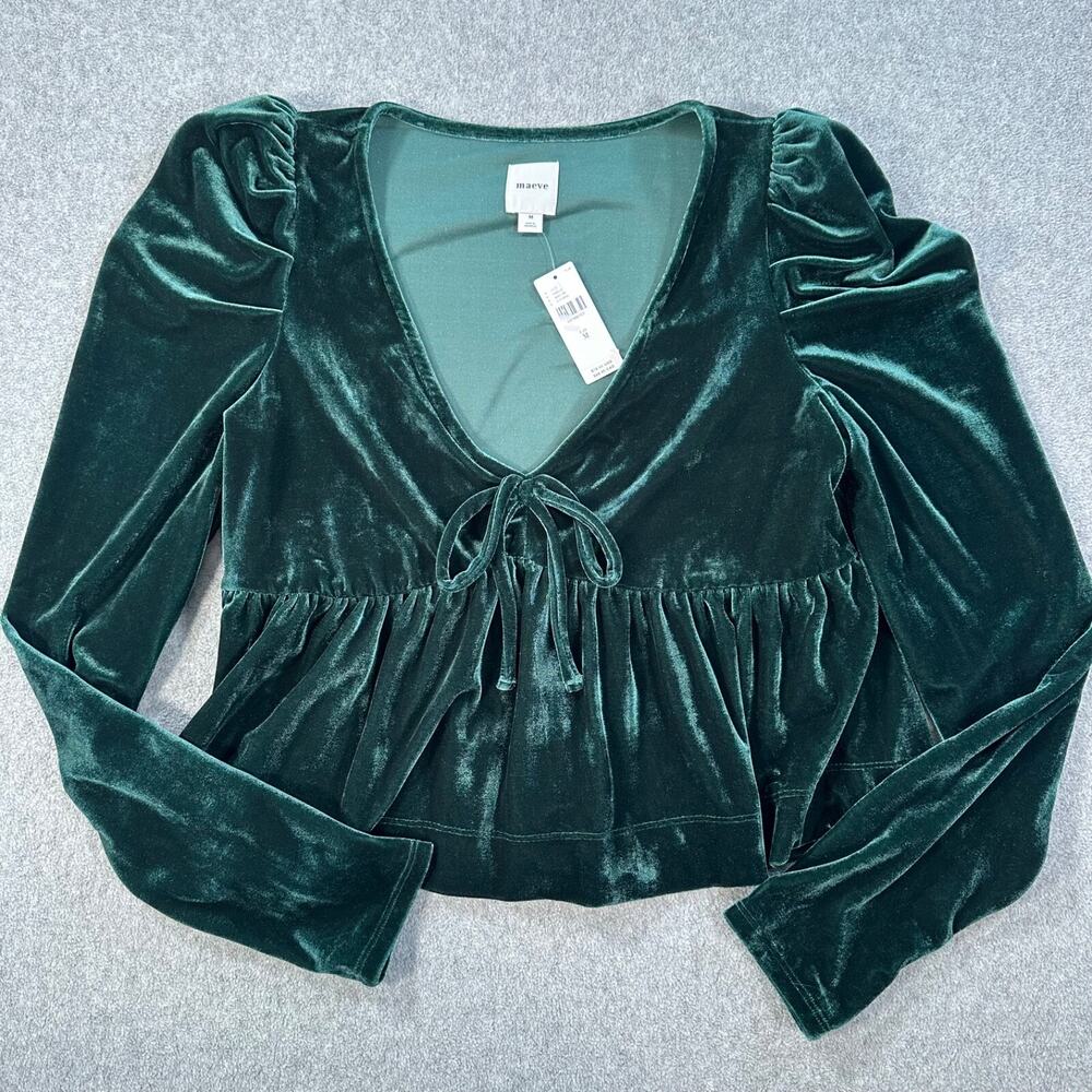 Maeve Anthropologie Velvet Babydoll Top Women's Medium Green V-Neck New